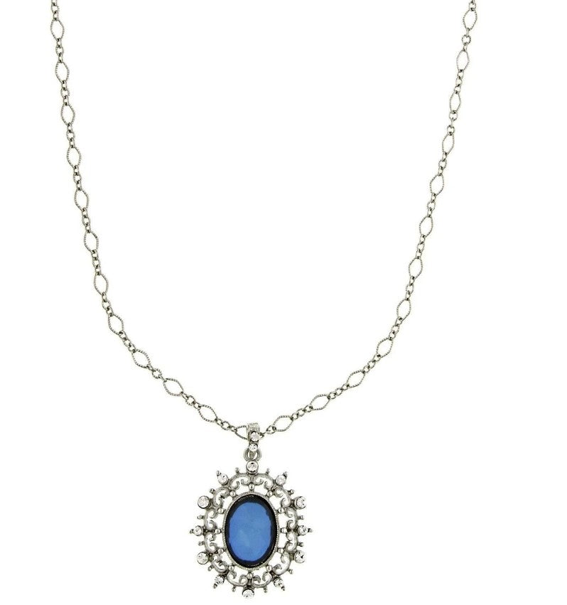 Blue Stone And Crystal Oval Pendant Necklace 16" + 3" Extender