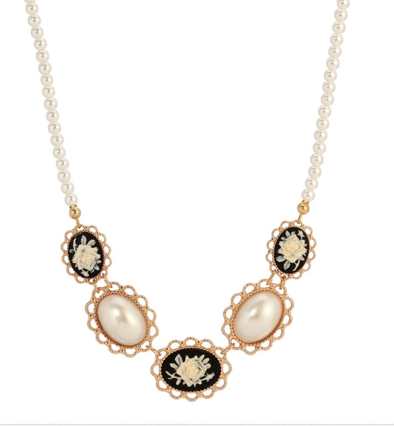 1928 Jewelry Black and Ivory Rose Oval Pearl 16+3 Necklace