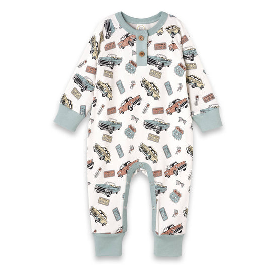 Vintage Car Henley Romper – Bamboo Baby Road Trip Style