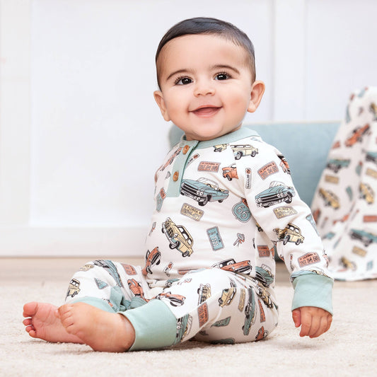 Vintage Car Henley Romper – Bamboo Baby Road Trip Style