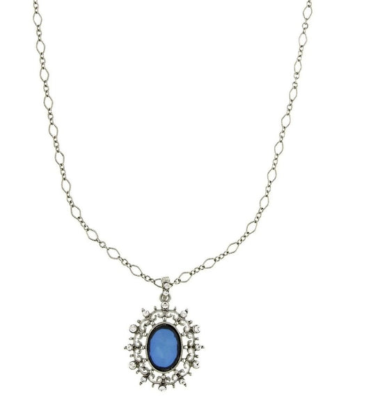 Blue Stone And Crystal Oval Pendant Necklace 16" + 3" Extender