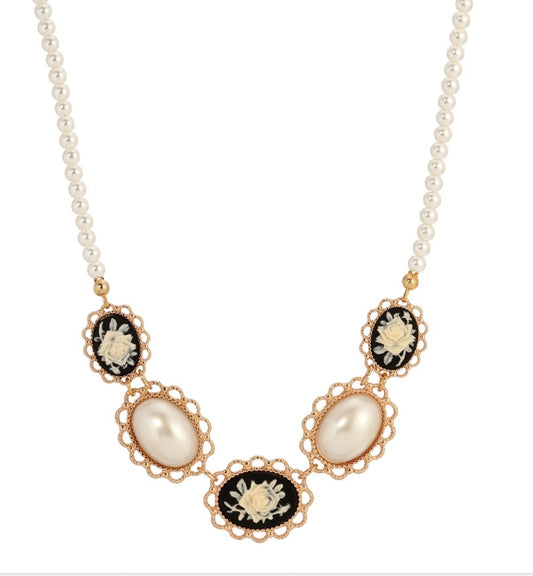 1928 Jewelry Black and Ivory Rose Oval Pearl 16+3 Necklace