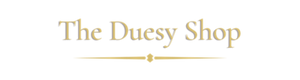 Logo of The Duesy Shop with gold text on a white background