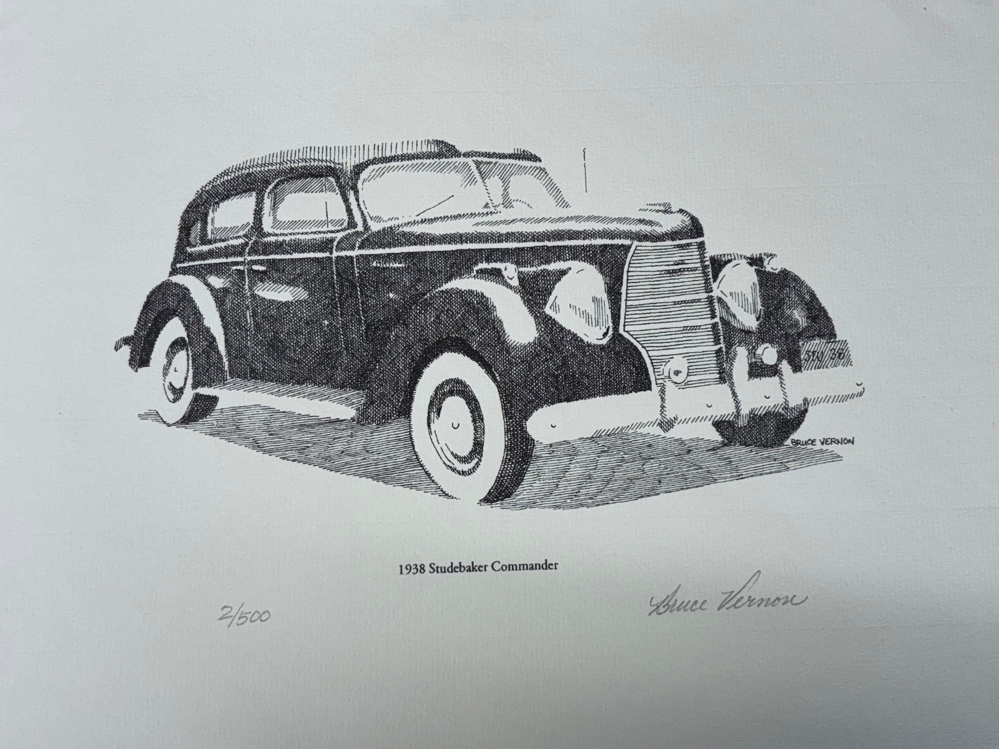 Top-down black and white illustration of a 1958 Studebaker Commander on a light gray background.