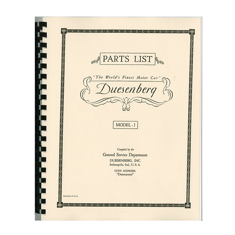 1929-1937 Duesenberg J Parts Manual